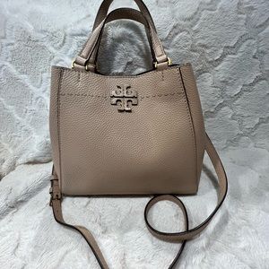 Tory Burch taupe bag with crossbody strap. 10 1/2 x 9 1/2.